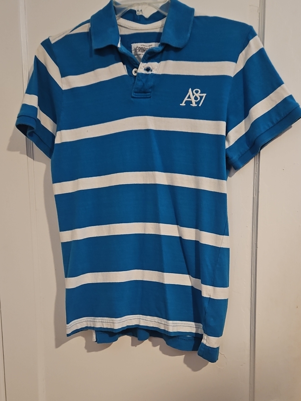 Aeropostale Blue and White Striped Polo Shirt Size Large